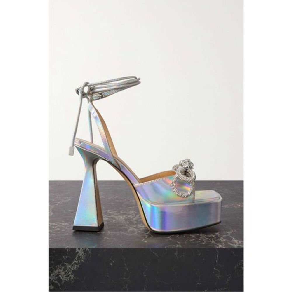 MACH & MACH Double Bow crystal-embellished iridescent leather platform